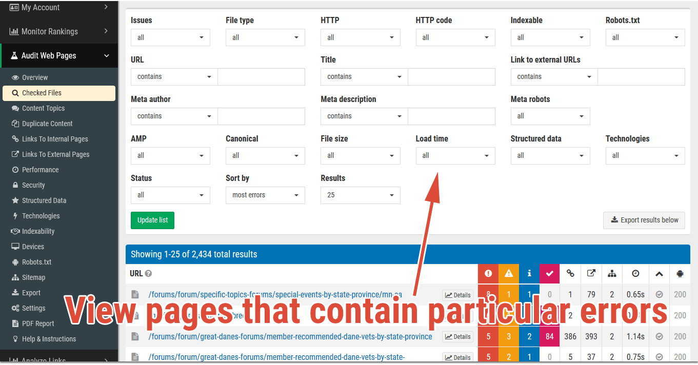 SEO audit: only view pages with particular errors